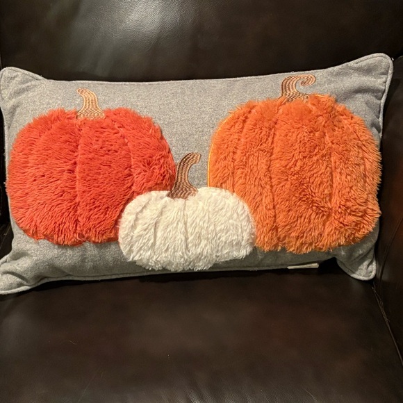 Cozy Autumn Pumpkin Pillow - Orange, White, and Gray - Picture 1 of 3
